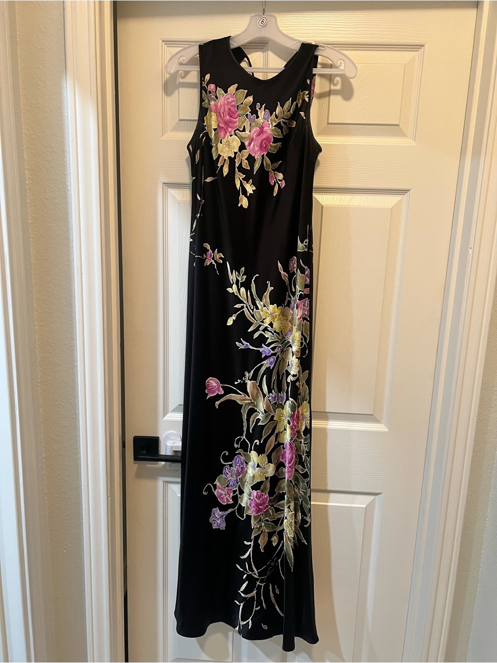 Kay Unger Black Maxi Dress with Pink & Yellow Floral Embroidery